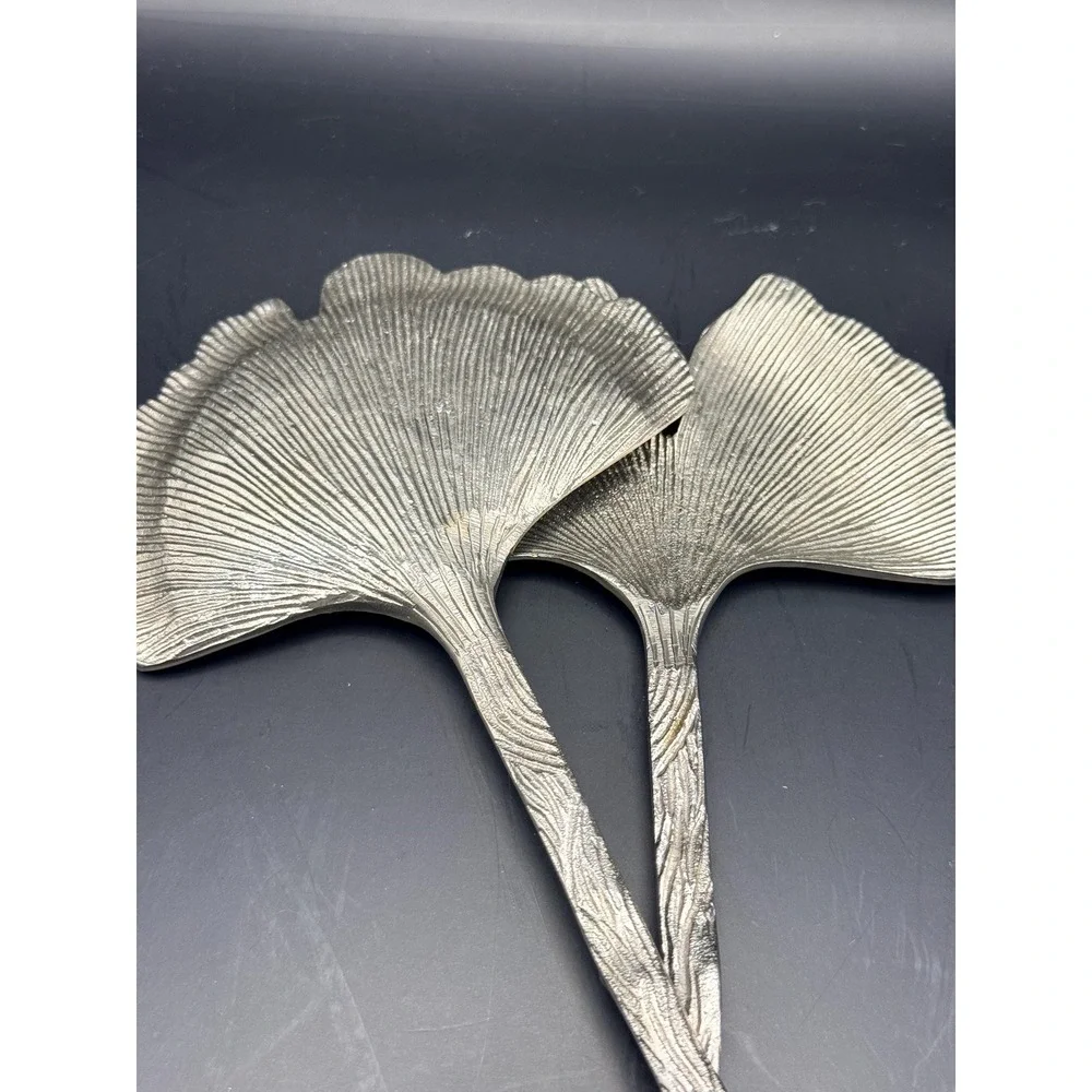 Vintage Ginkgo Leaf Salad Servers Silver Tone Botanical Serving Utensils